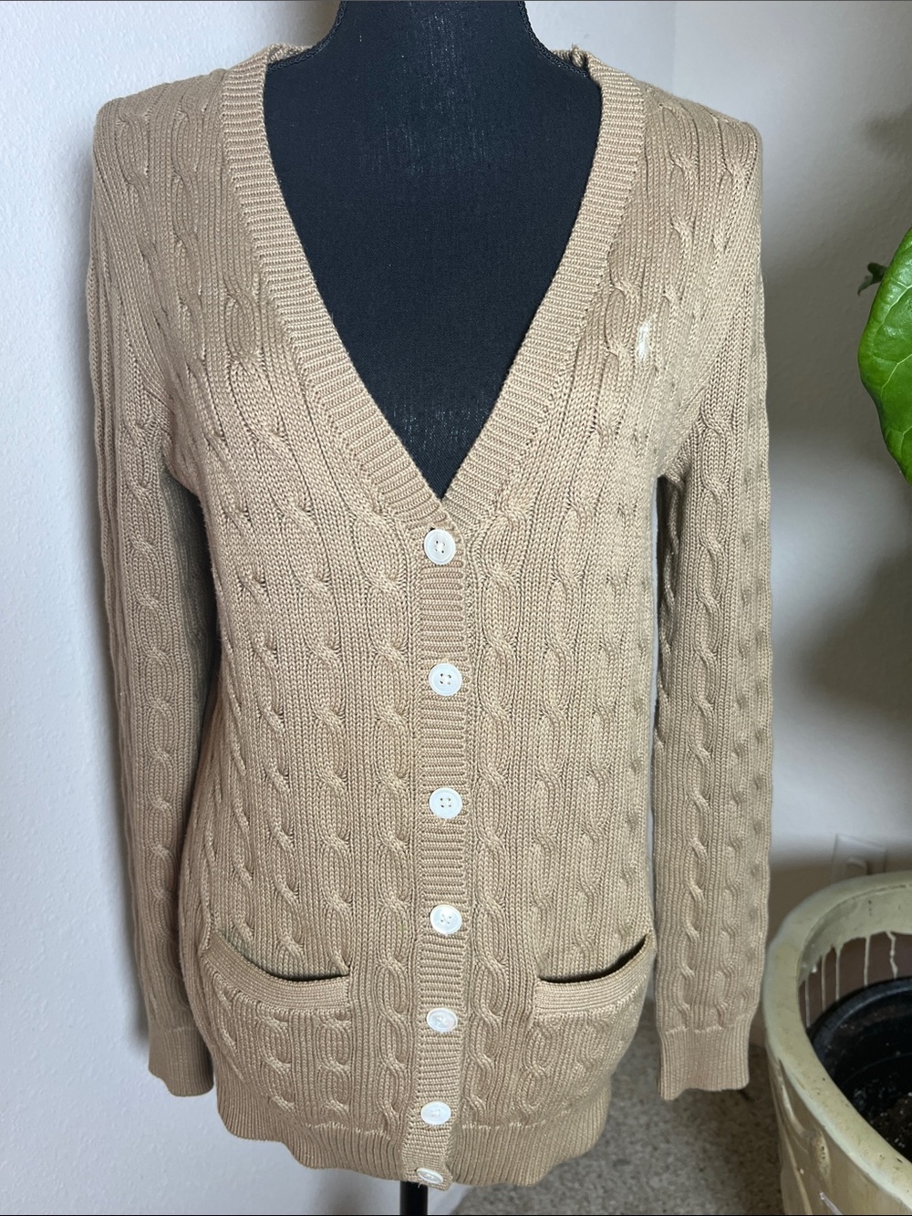 Ralph Lauren Sport Women’s V-Neck Cable Knit Cardigan Sweater Vintage Tan Large